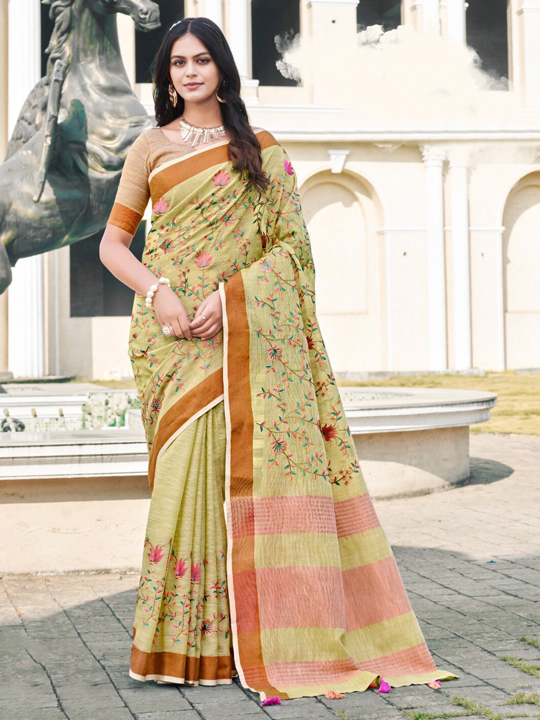 

SANGAM PRINTS Floral Embroidered Linen Blend Saree, Green
