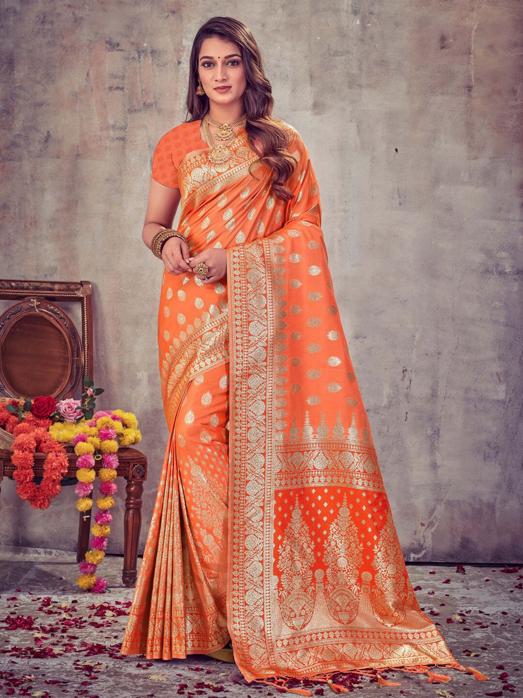 

SANGAM PRINTS Ethnic Motifs Woven Design Zari Mysore Silk Saree, Orange