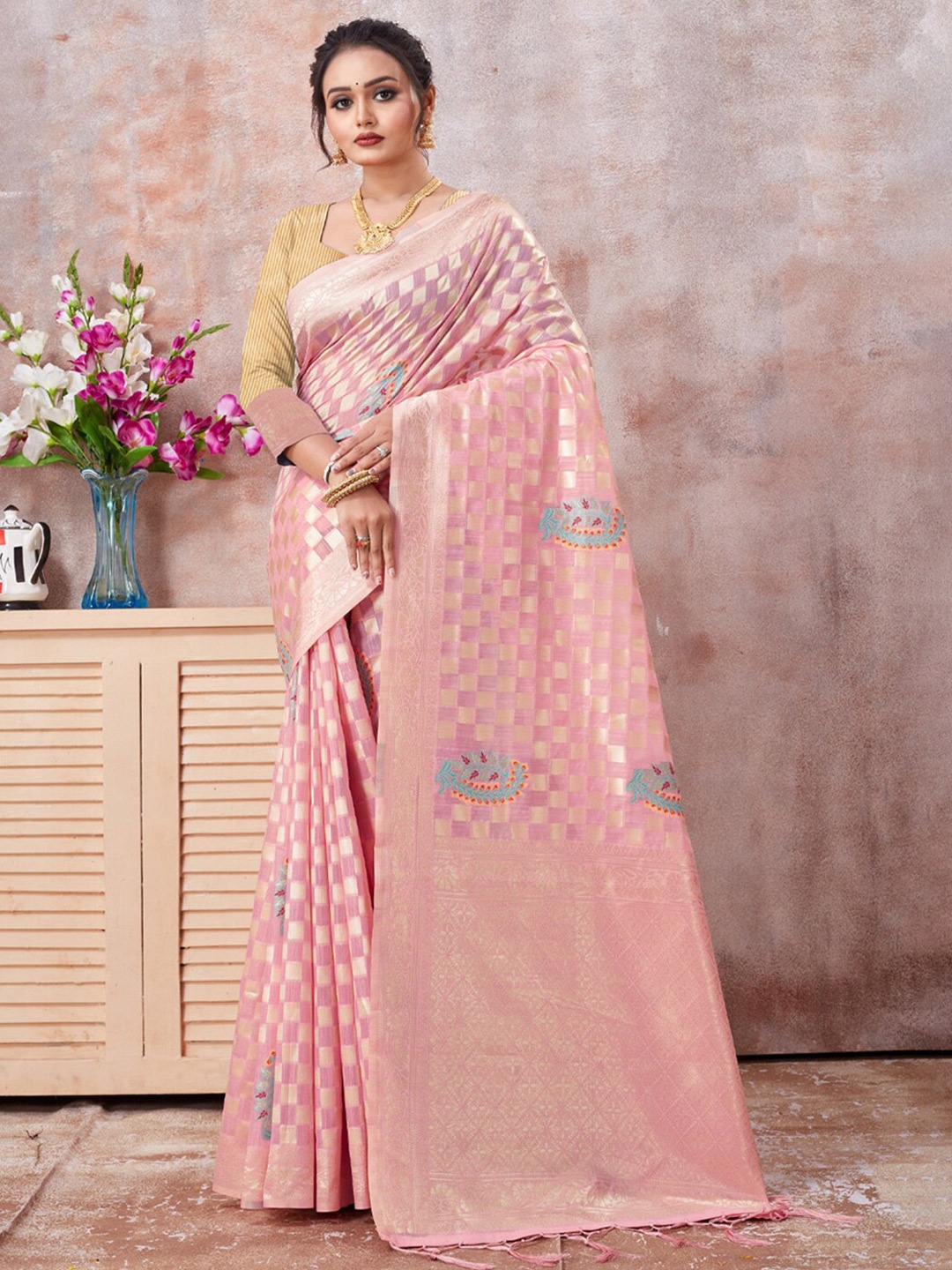 

SANGAM PRINTS Ethnic Motifs Woven Design Zari Kota Saree, Pink