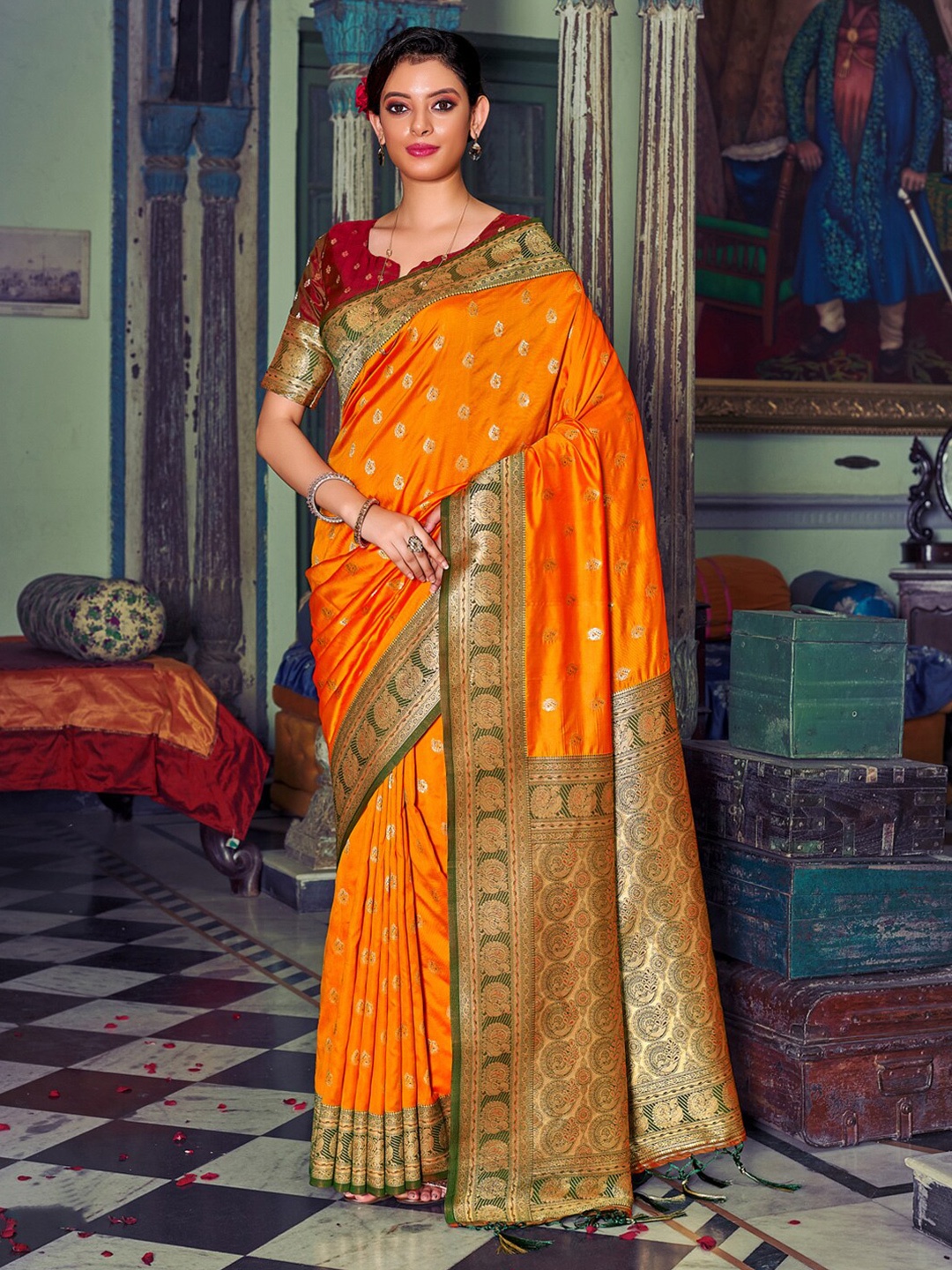 

SANGAM PRINTS Woven Design Zari Silk Blend Banarasi Saree, Mustard