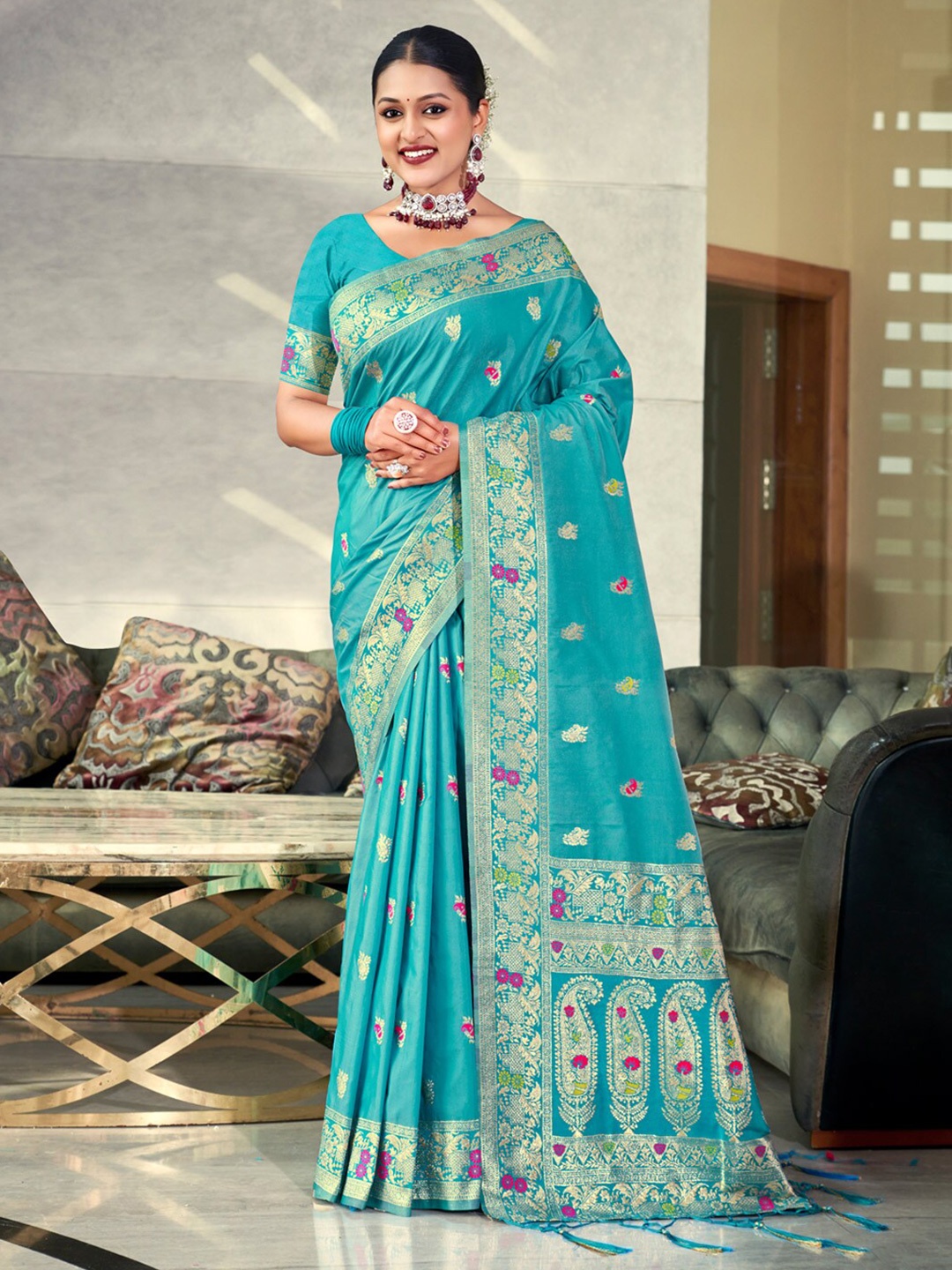 

SANGAM PRINTS Ethnic Motifs Woven Design Zari Banarasi Saree, Blue