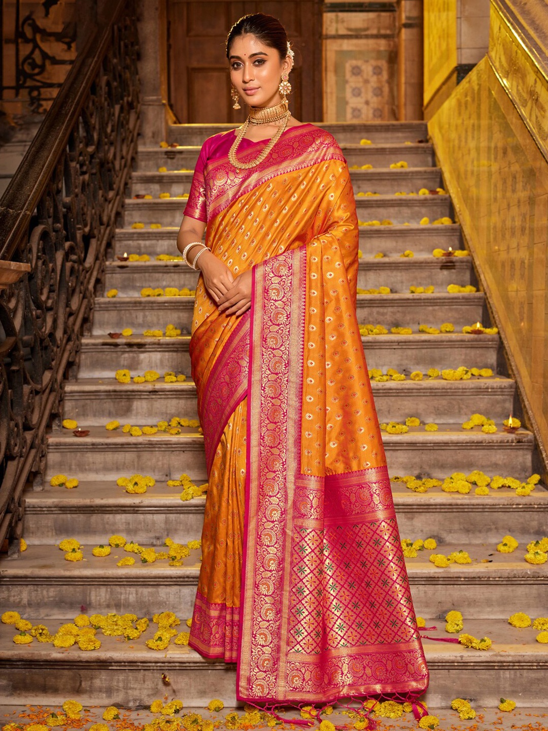 

SANGAM PRINTS Ethnic Motifs Woven Design Zari Silk Blend Banarasi Saree, Mustard