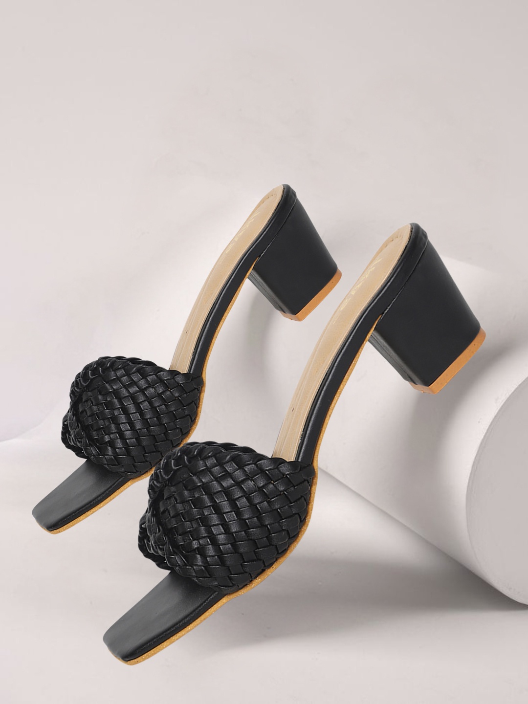 

TRASE Textured Open Toe Block Heels, Black