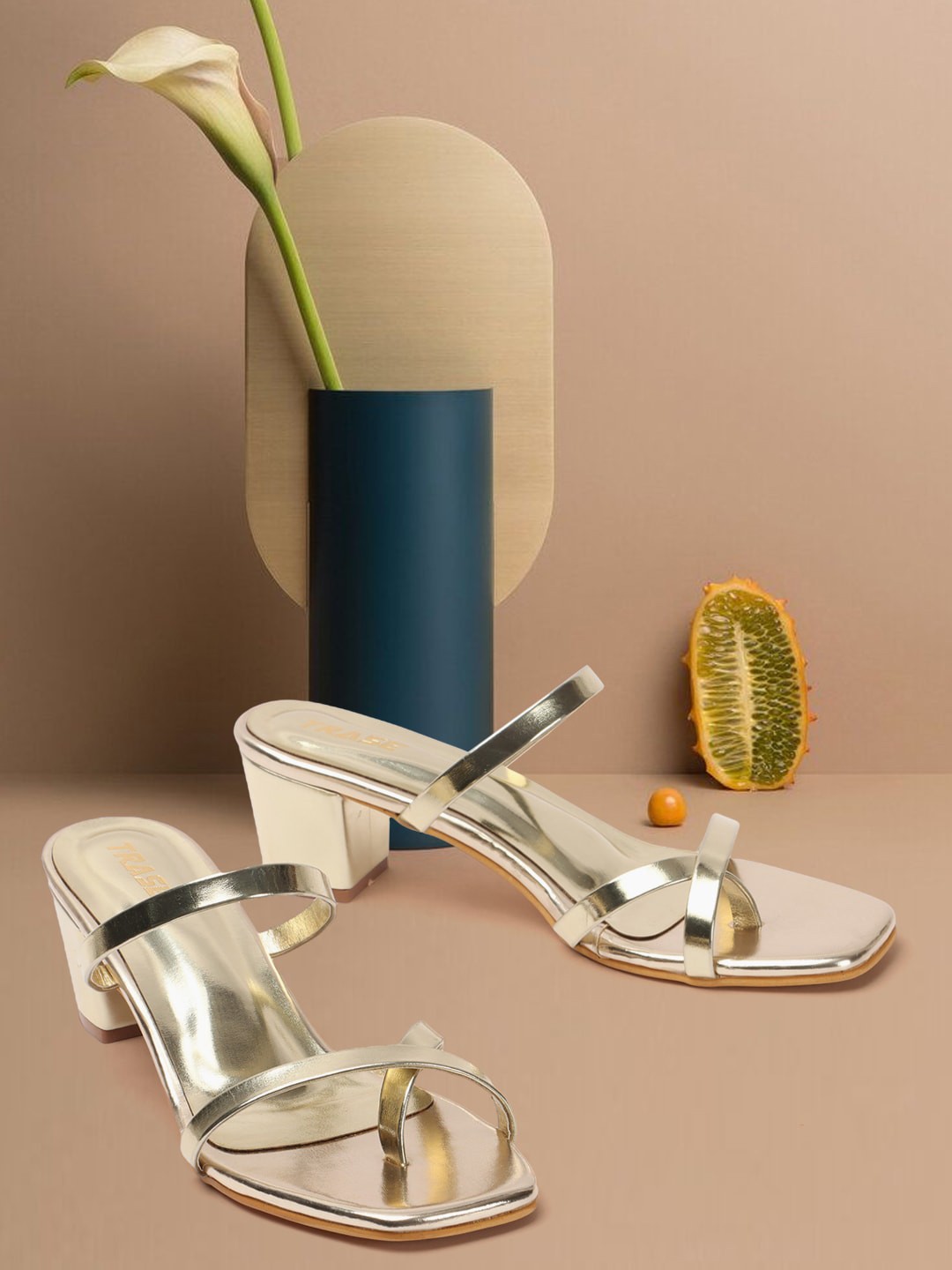 

TRASE Open Toe Block Heels, Gold