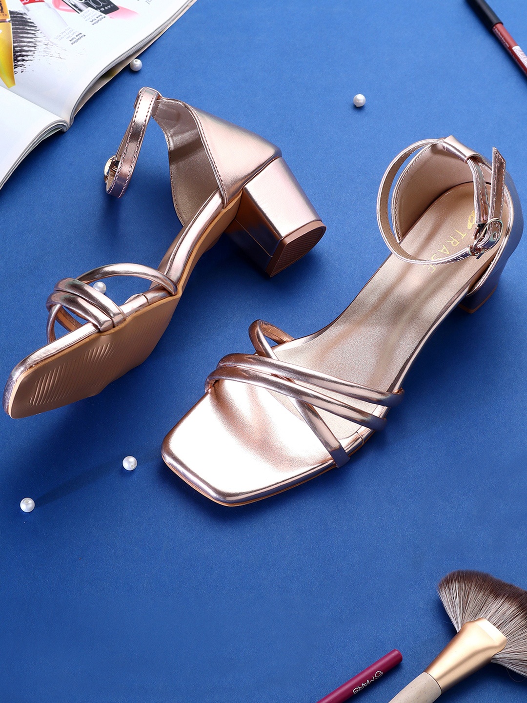 

TRASE Open Toe Block Heels, Rose gold