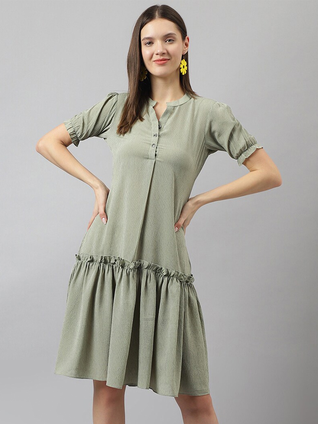 

KERI PERRY Mandarin Collar Short Sleeves Georgette A-Line Dress, Olive