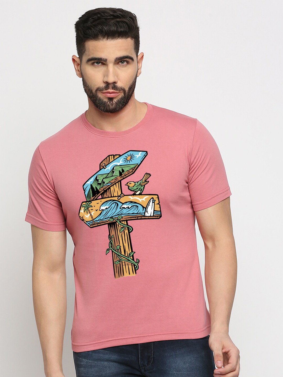 

MOD ECRU Unisex Graphic Printed Round Neck Cotton T-shirt, Pink