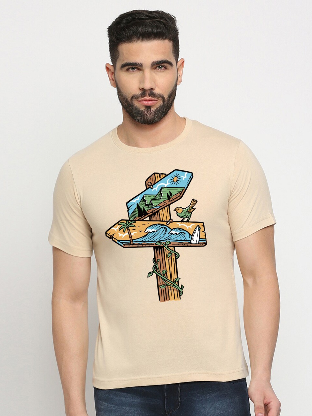 

MOD ECRU Unisex Graphic Printed Round Neck Cotton T-shirt, Cream
