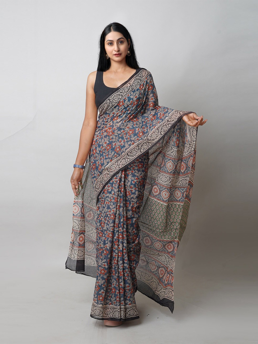 

Unnati Silks Ethnic Motifs Printed Pure Cotton Handloom Kota Saree, Blue