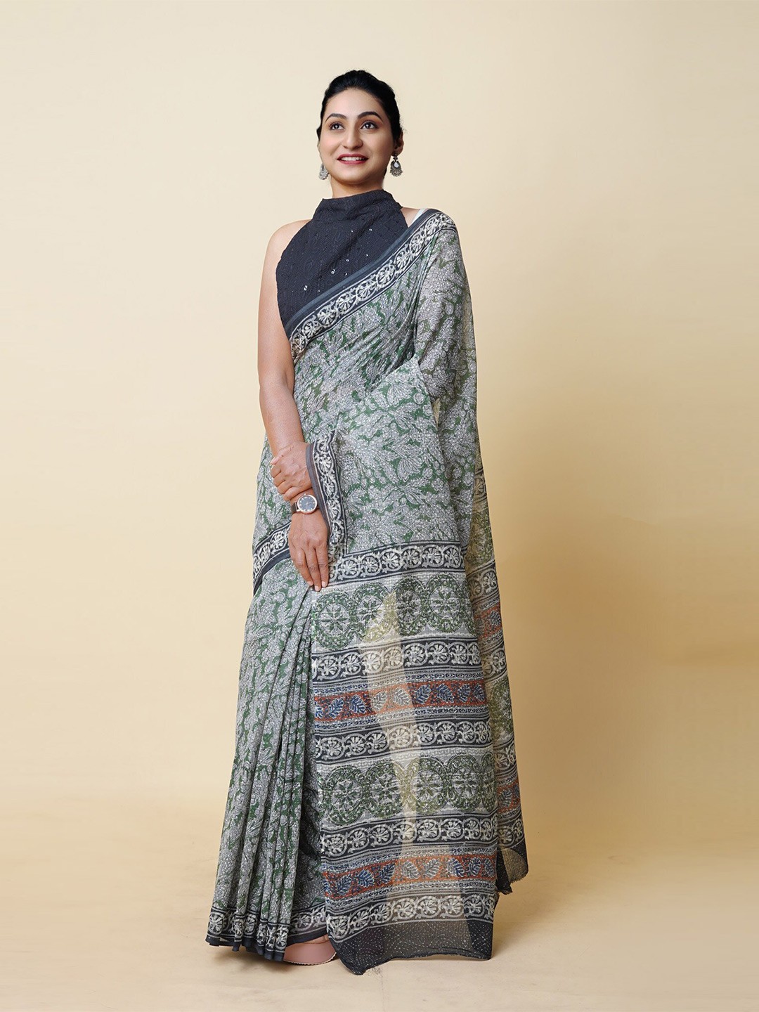 

Unnati Silks Ethnic Motifs Printed Silk Cotton Handloom Chanderi Saree, Green