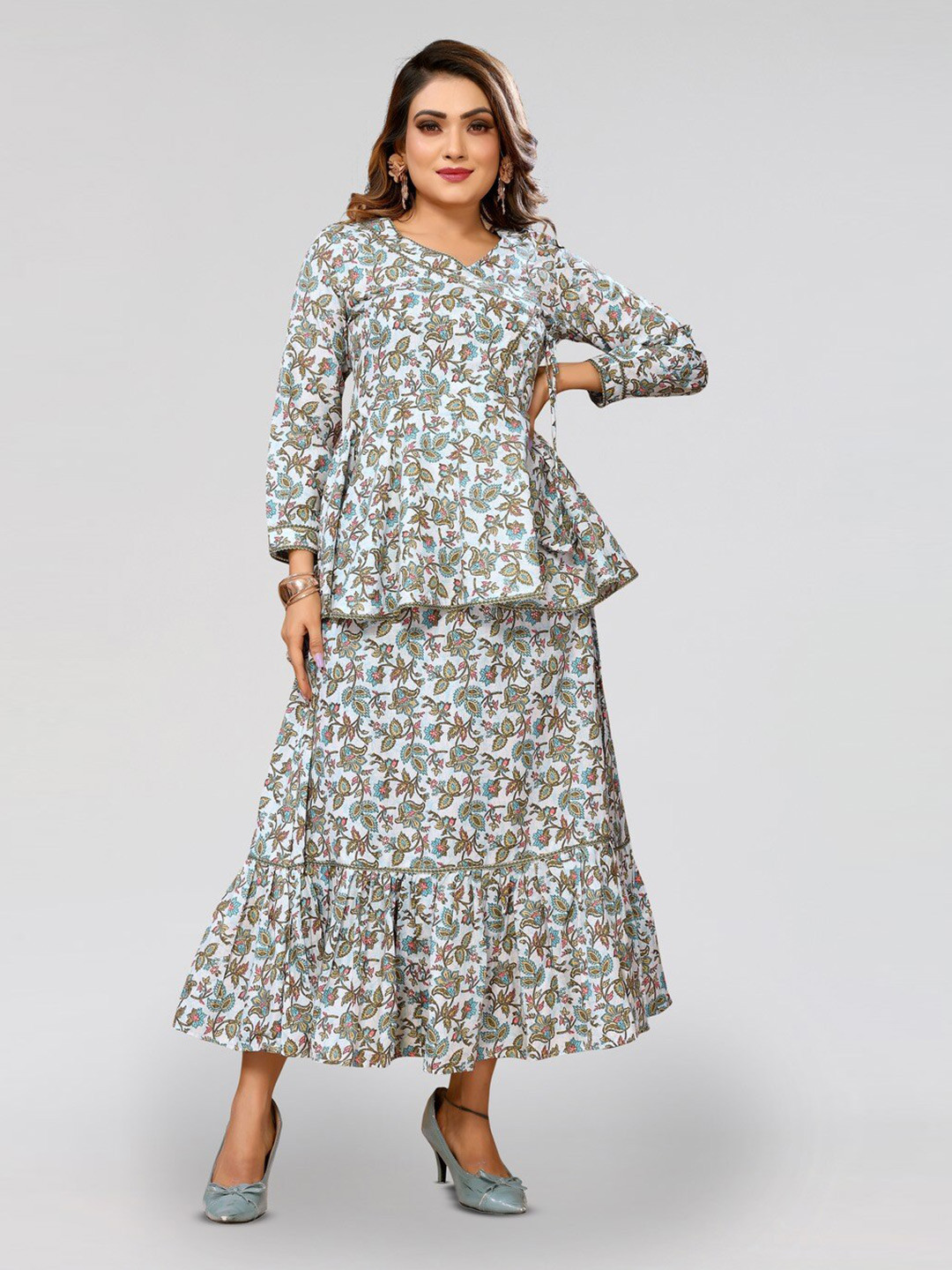 

PYARI - A style for every story Floral Print V-Neck Angrakh Style Dress, Blue