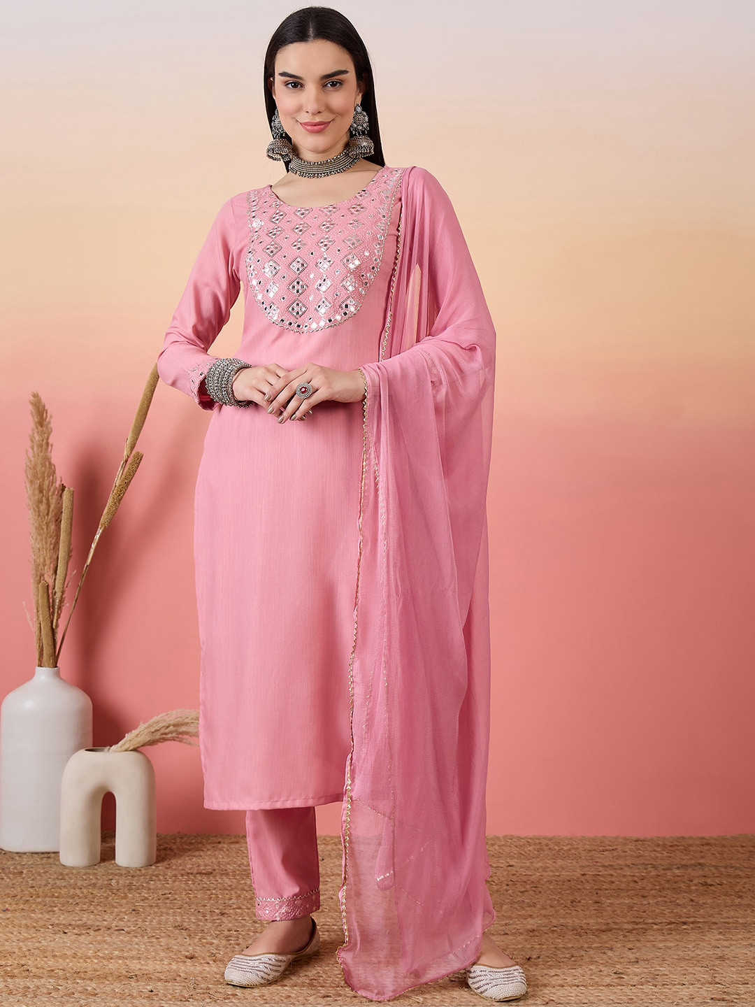 

BLACK SCISSOR Ethnic Motifs Embroidered Regular Mirror Work Kurta With Trousers & Dupatta, Rose