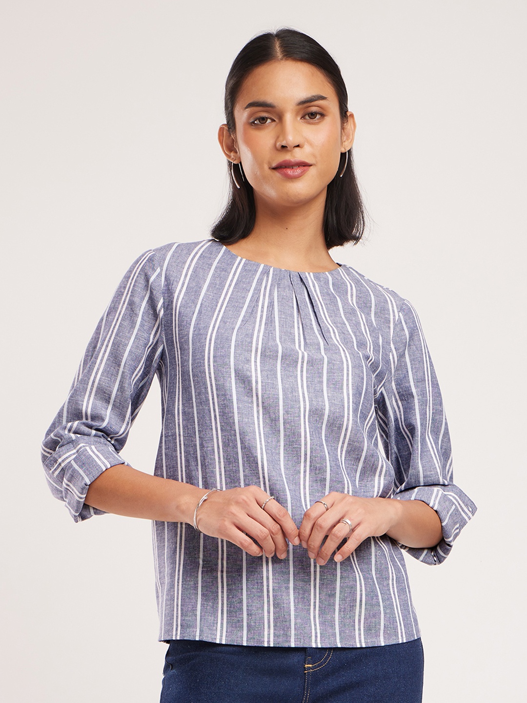 

FableStreet Striped Keyhole Neck Cotton Top, Blue