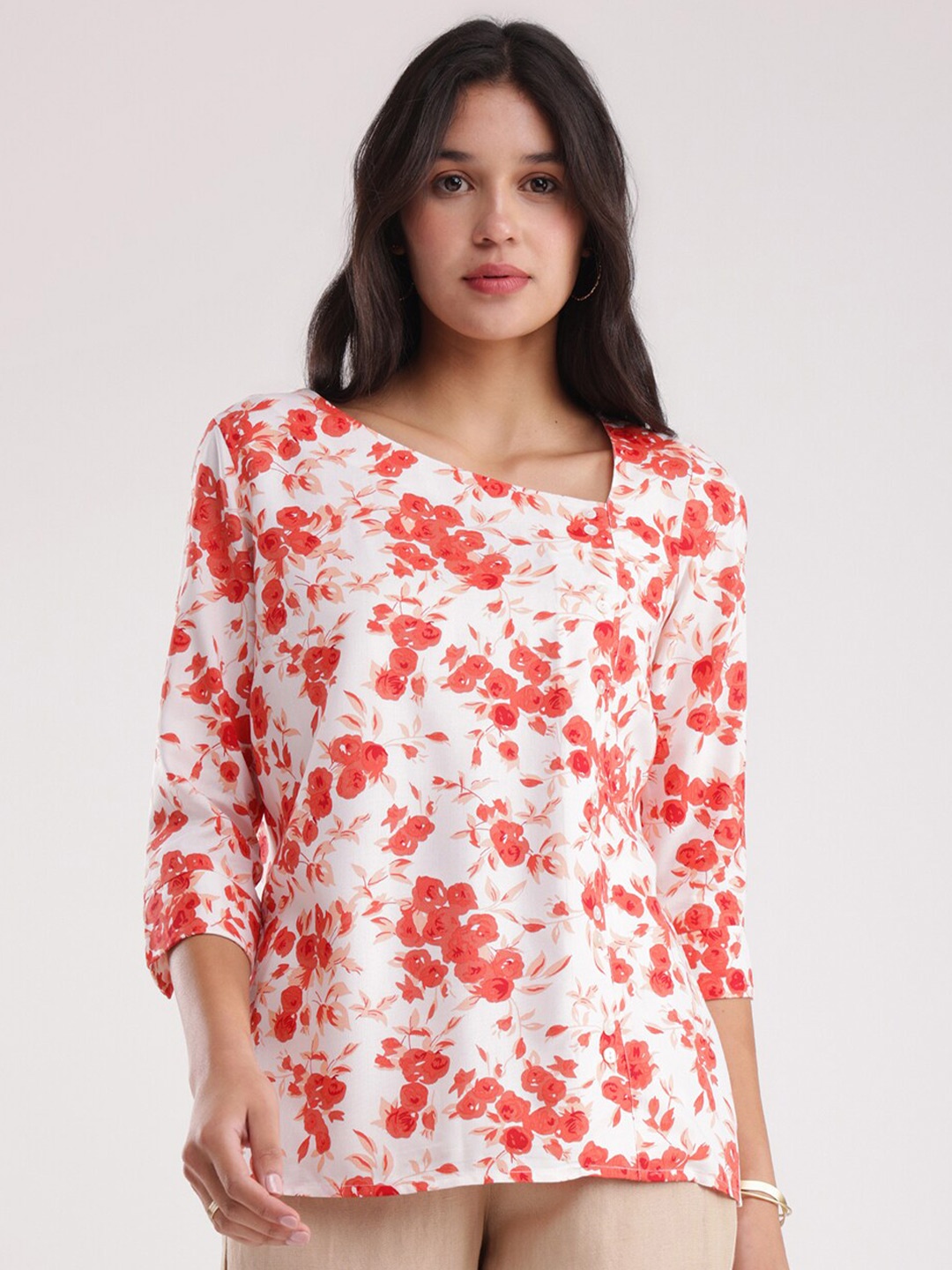 

FableStreet Floral Printed Asymmetrical Neck Cotton Top, White