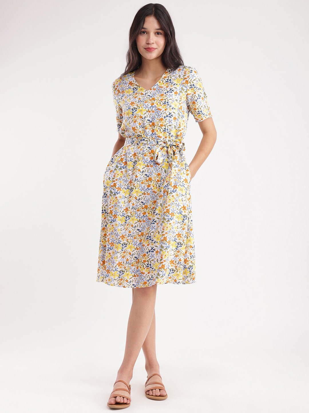 

FableStreet Floral Print Cotton Fit & Flare Dress, White