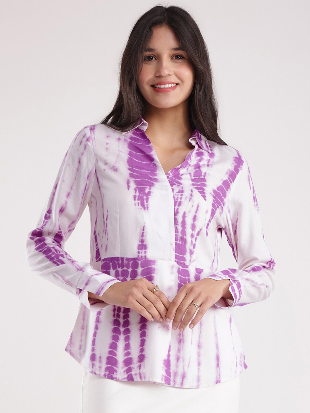 

FableStreet Tie and Dye Printed Shirt Collar Cotton Top, White