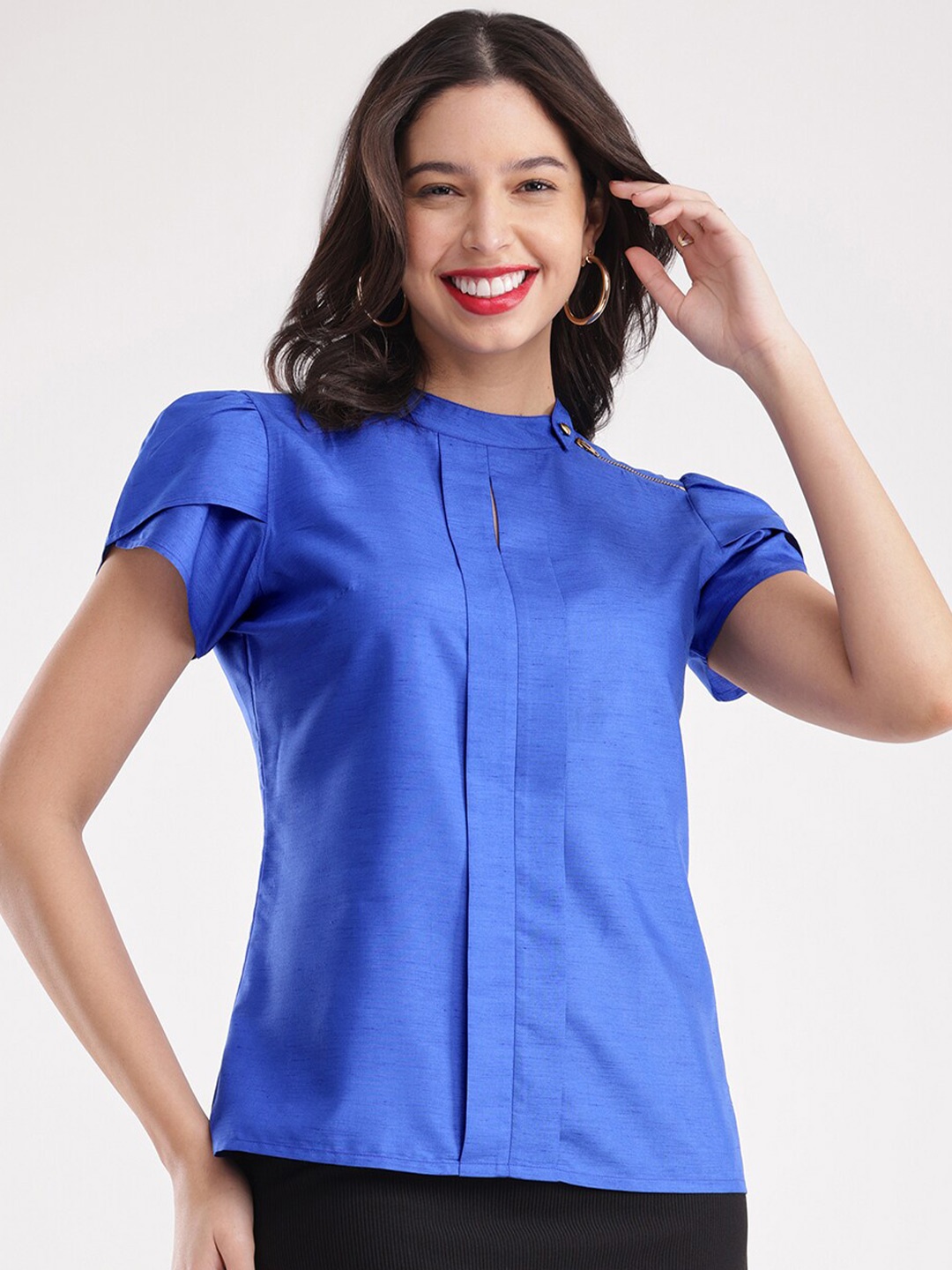 

FableStreet Round Neck Pleated Top, Blue