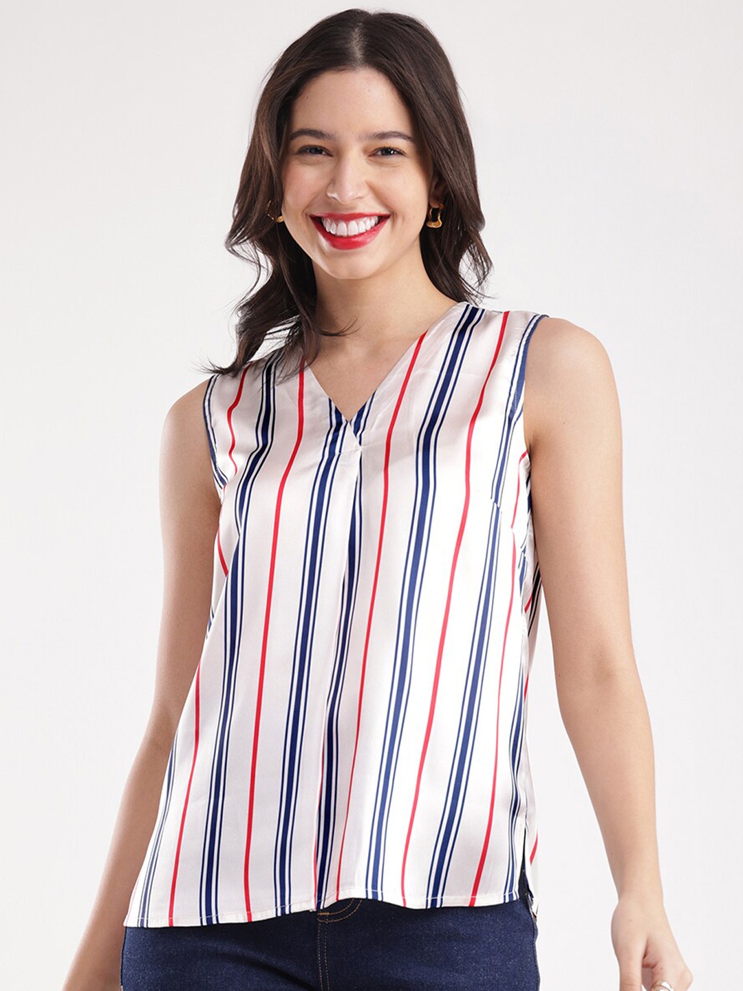 

FableStreet Striped V-Neck Satin Top, White