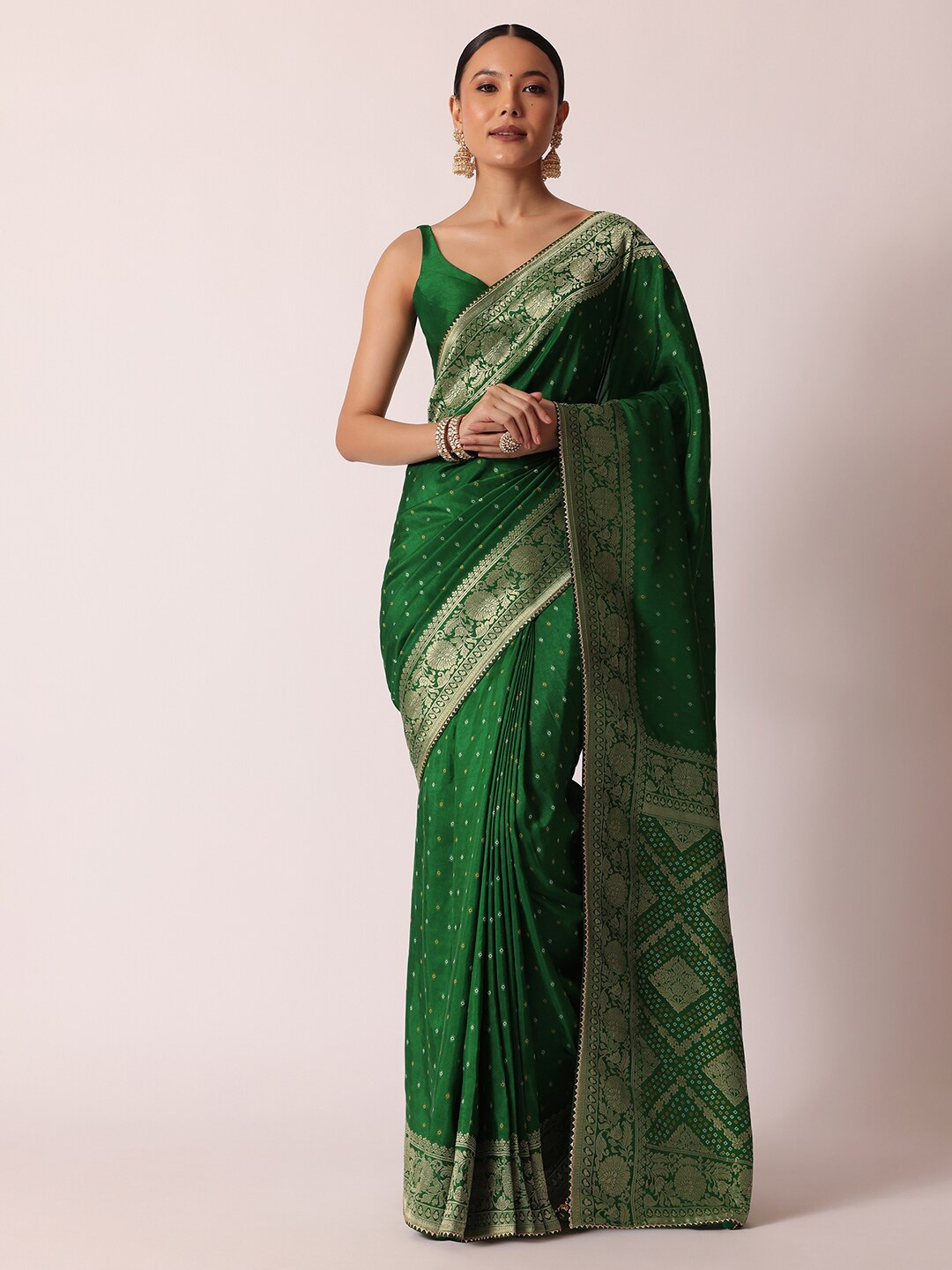 

KALKI Fashion Ethnic Motifs Woven Design Bandhani Zari Saree, Green