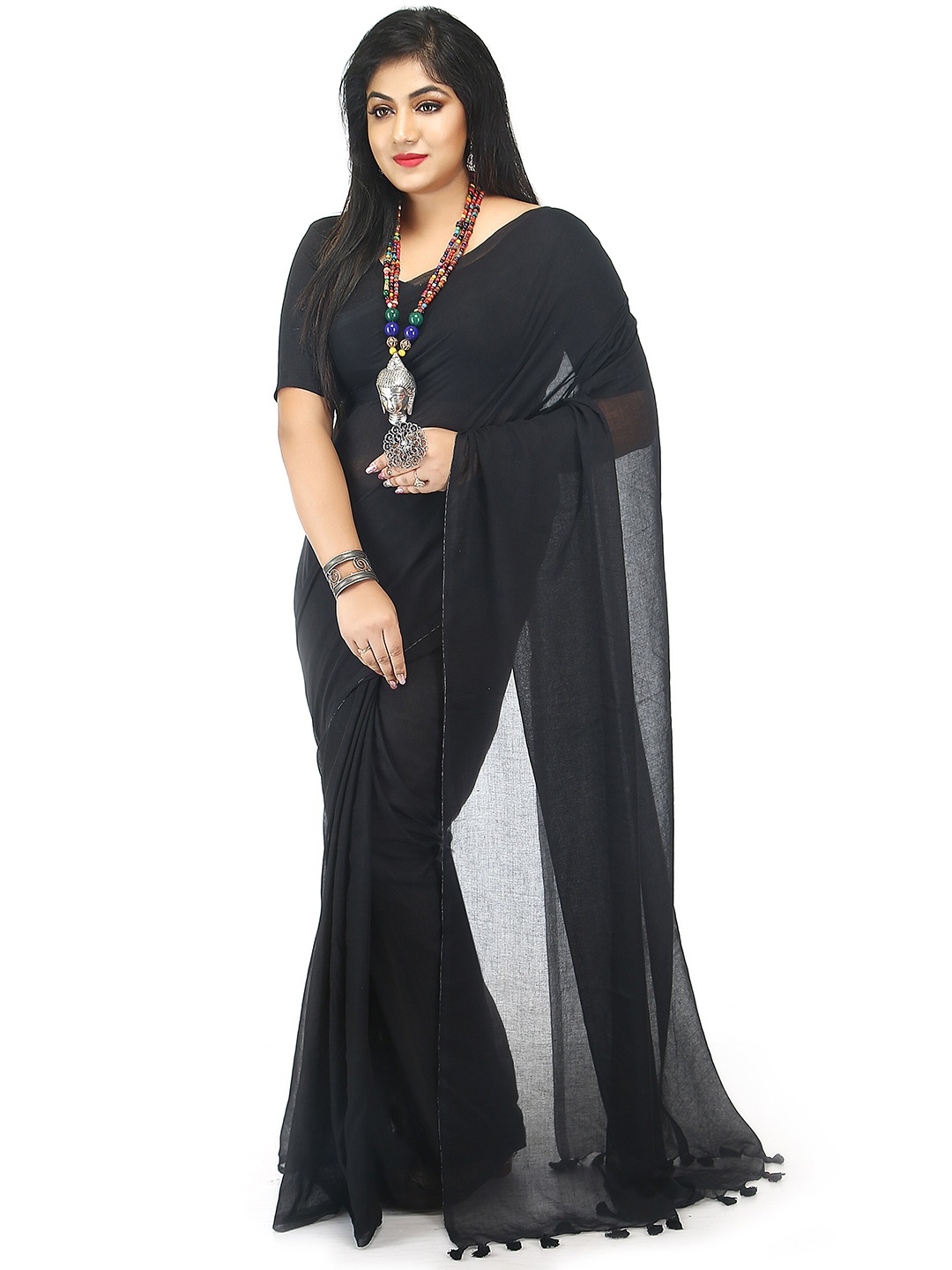 

BENGAL HANDLOOM Cotton Blend Taant Saree, Black