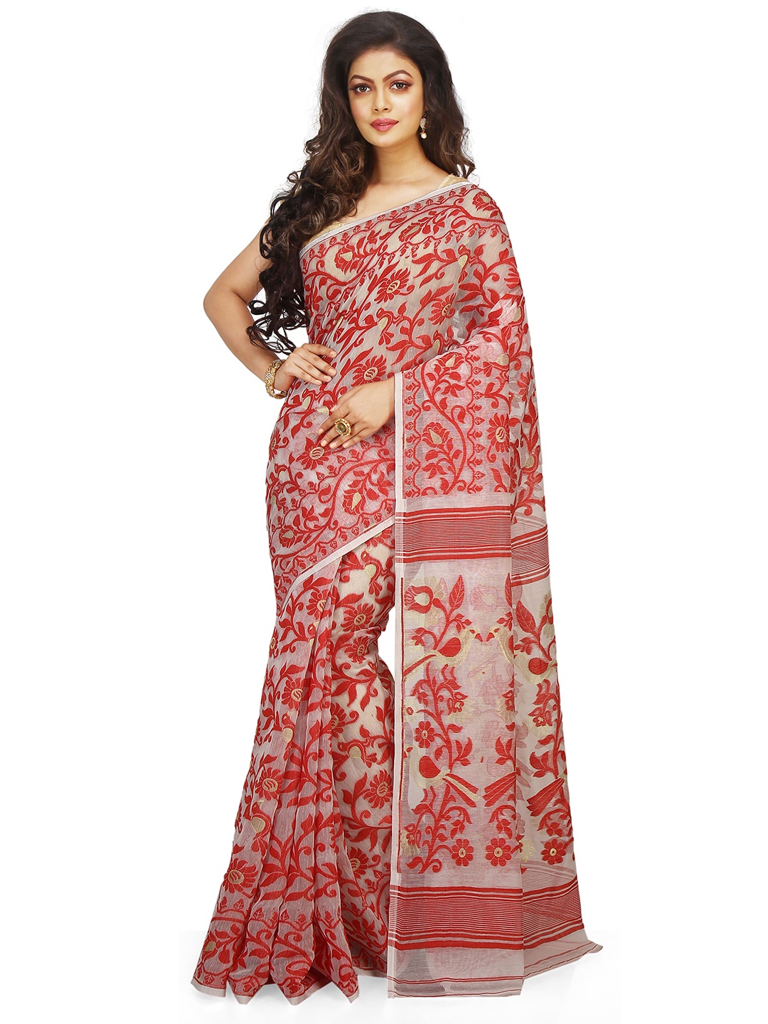 

BENGAL HANDLOOM Ethnic Motifs Woven Design Zari Art Silk Taant Saree, White