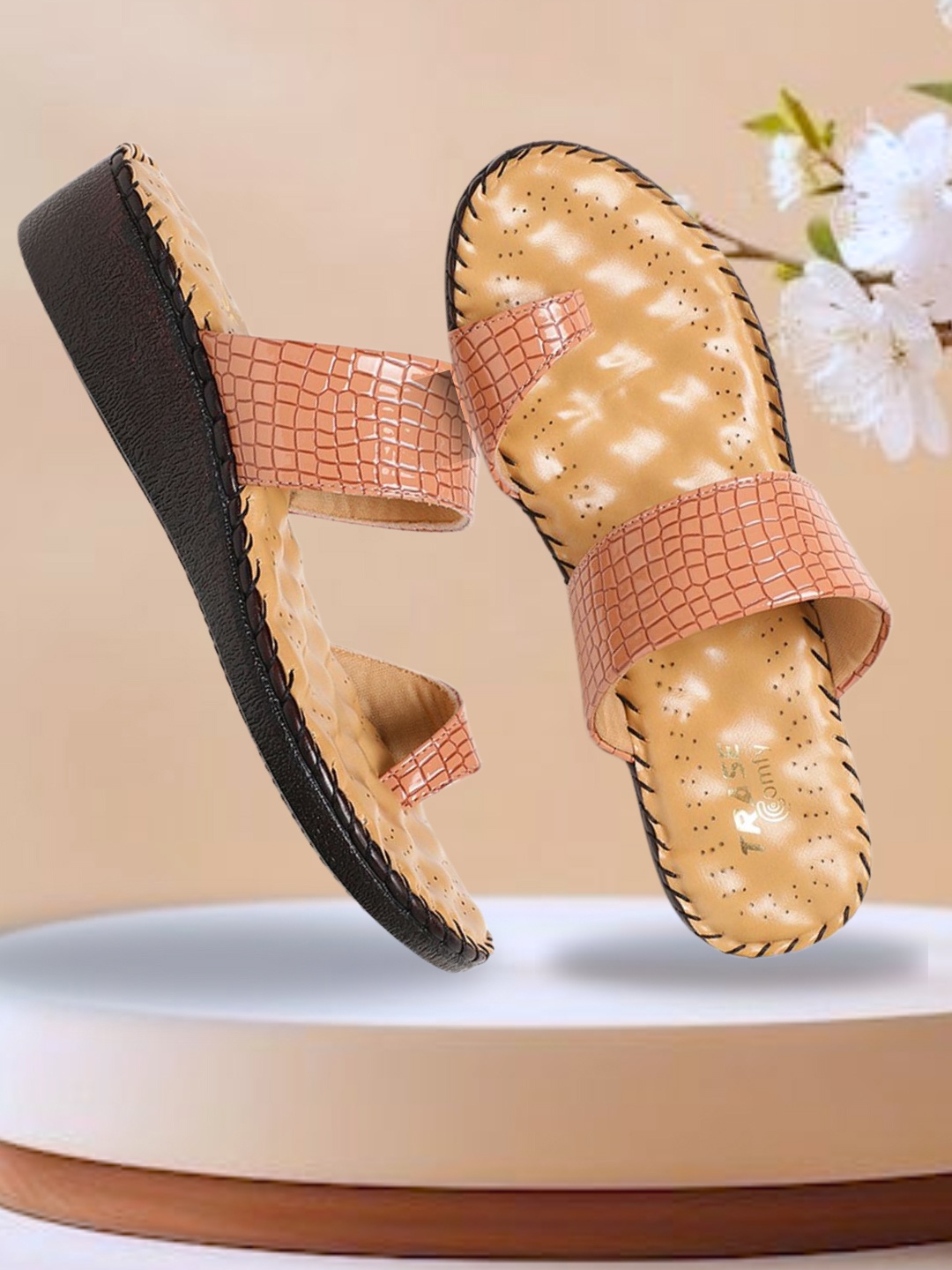 

TRASE Textured Open Toe Flats, Peach