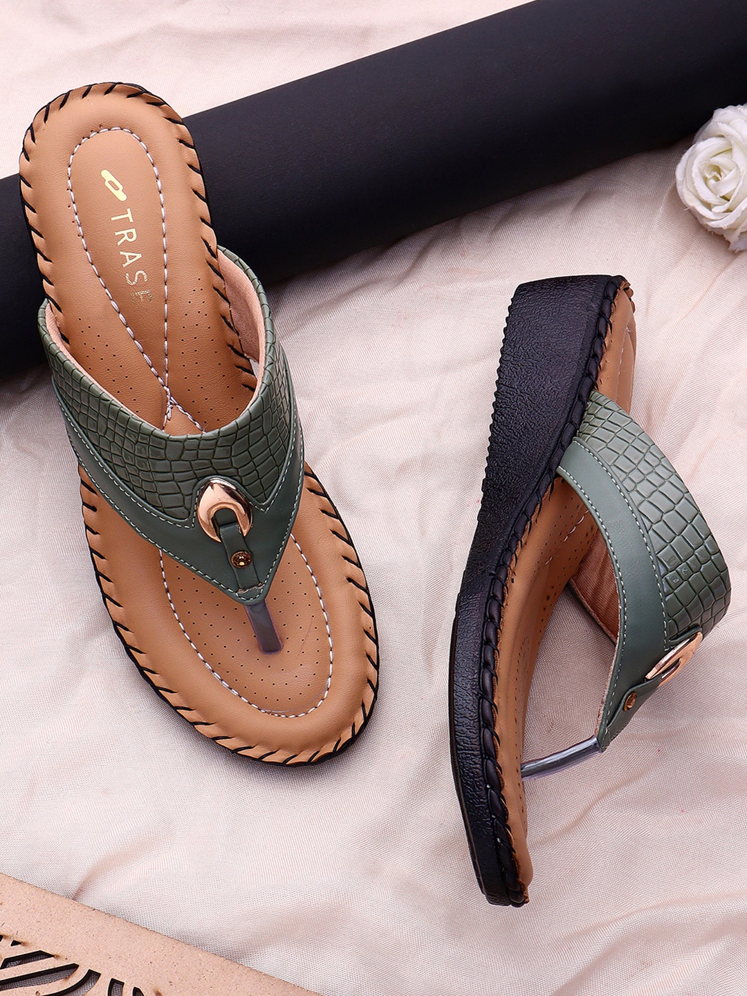 

TRASE Textured T-Strap Flats, Green