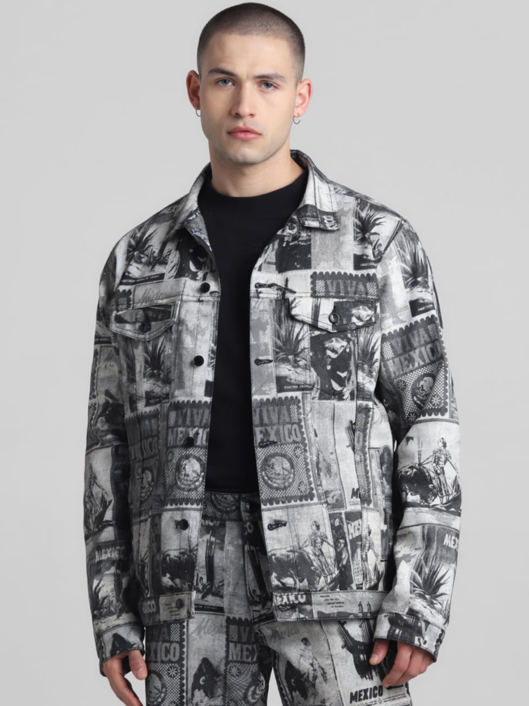 

Jack & Jones Graphic Printed Spread Collar Denim Jacket, Black