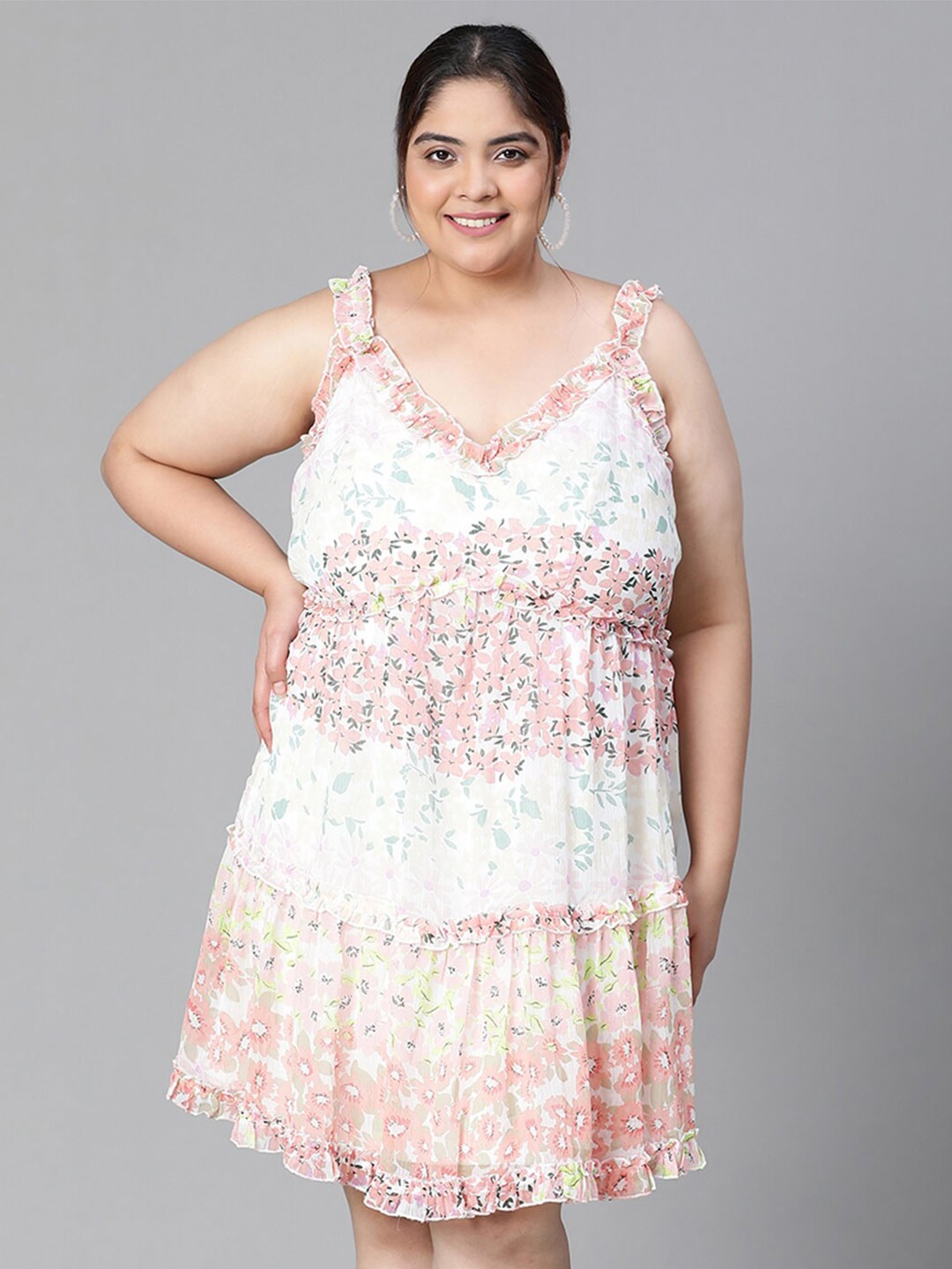 

Oxolloxo Plus Size Floral Print Ruffled Chiffon Empire Dress, White