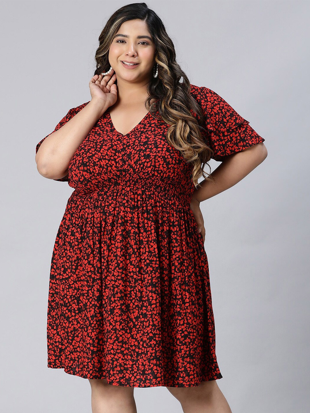 

Oxolloxo Plus Size Floral Printed V-Neck Flared Sleeves Fit & Flare Dress, Red