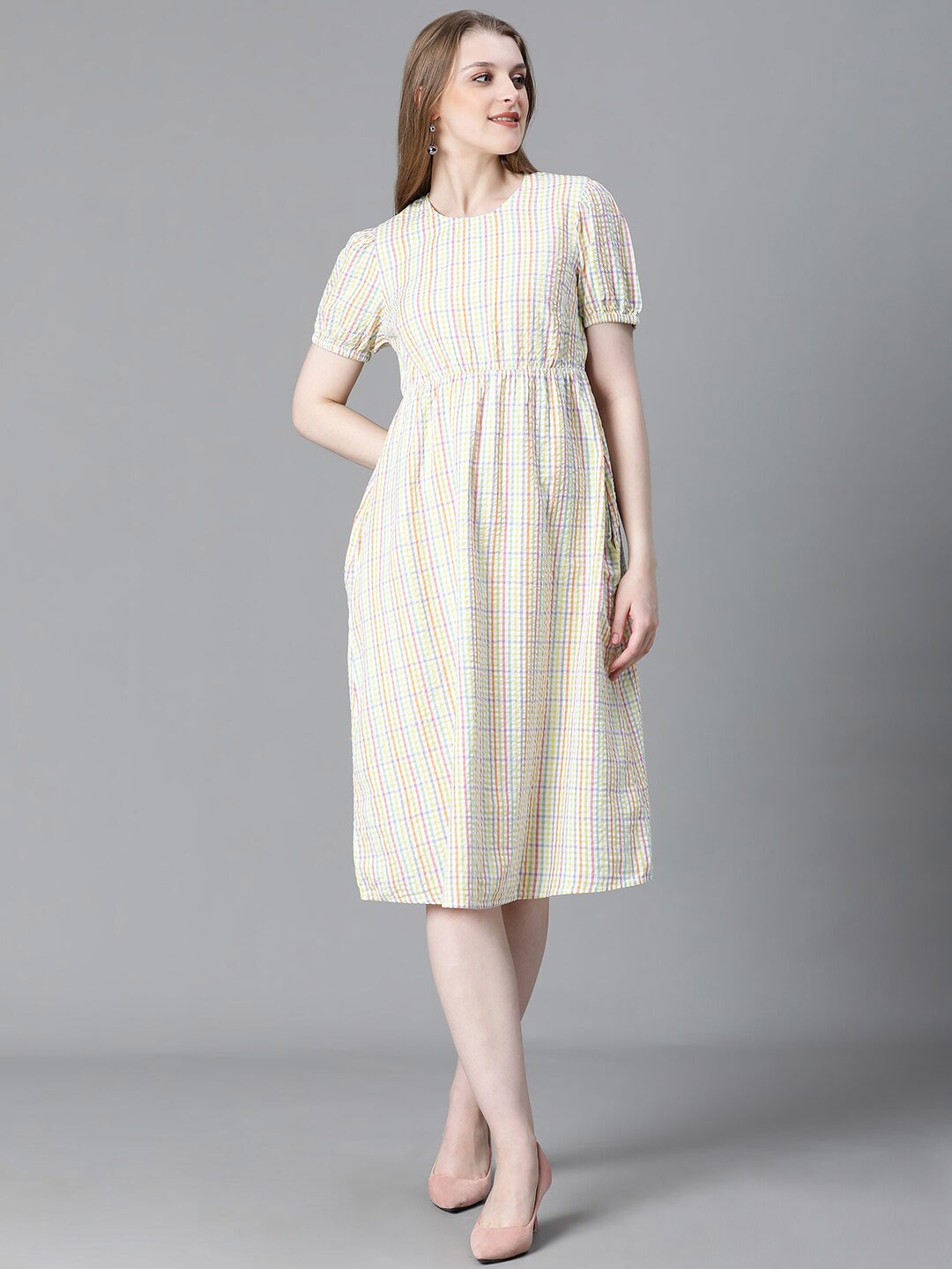 

Oxolloxo Geometric Striped Round Neck Puff Sleeve A-Line Cotton Dress, Yellow