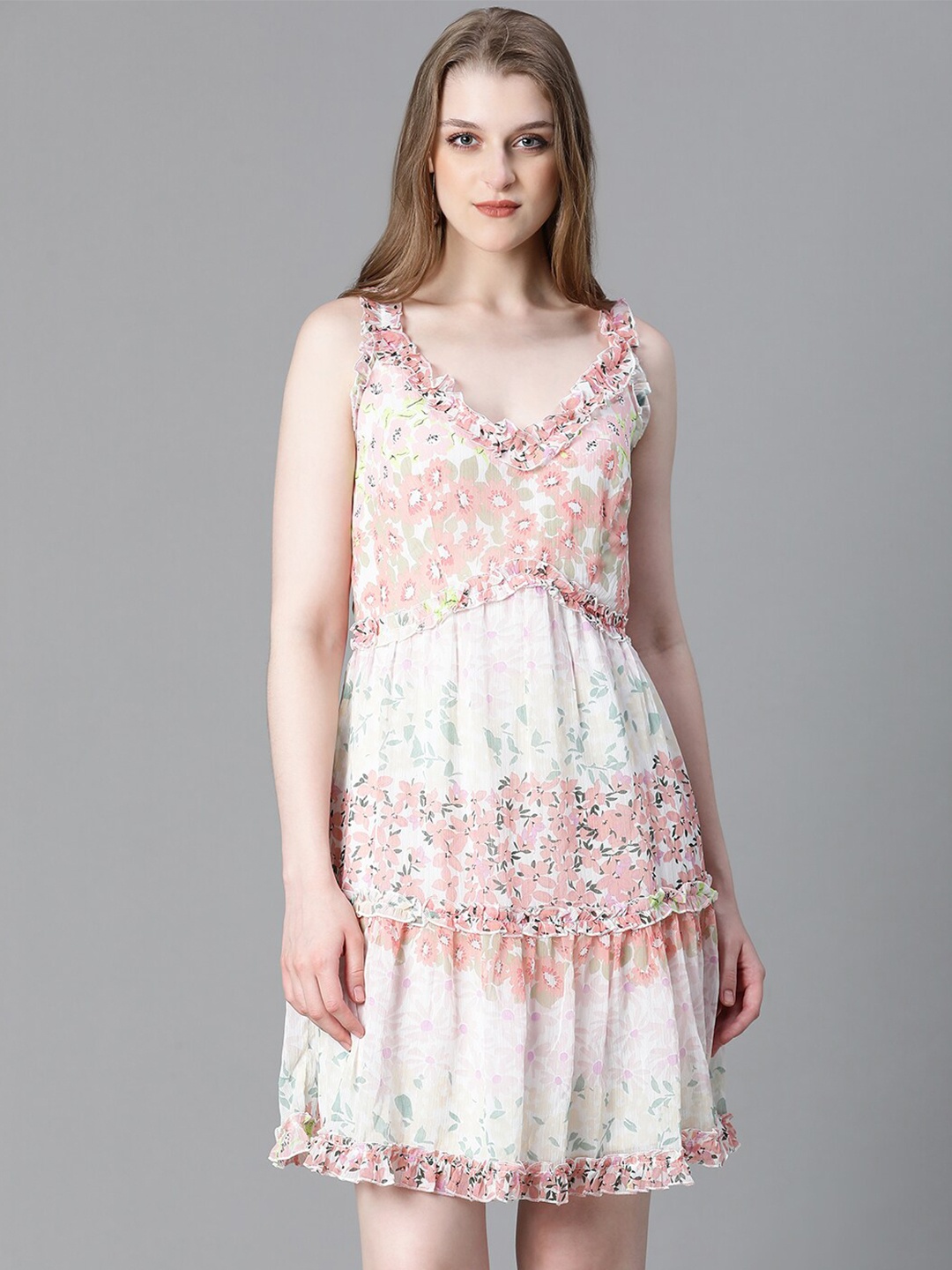 

Oxolloxo Floral Printed V-Neck Ruffled Chiffon Fit & Flare Dress, Pink