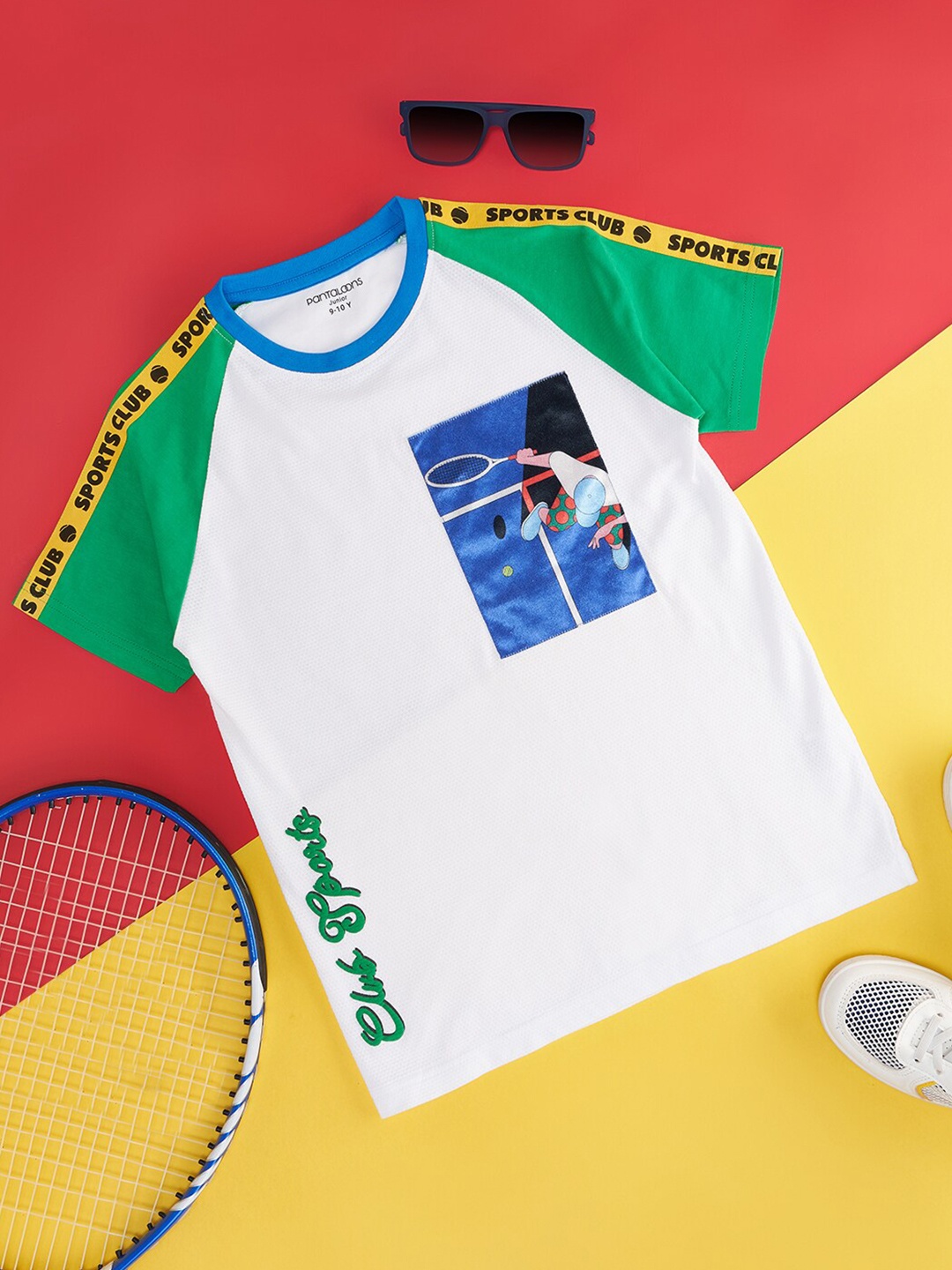 

Pantaloons Junior Boys Graphic Printed Raglan Sleeves Pure Cotton T-shirt, White