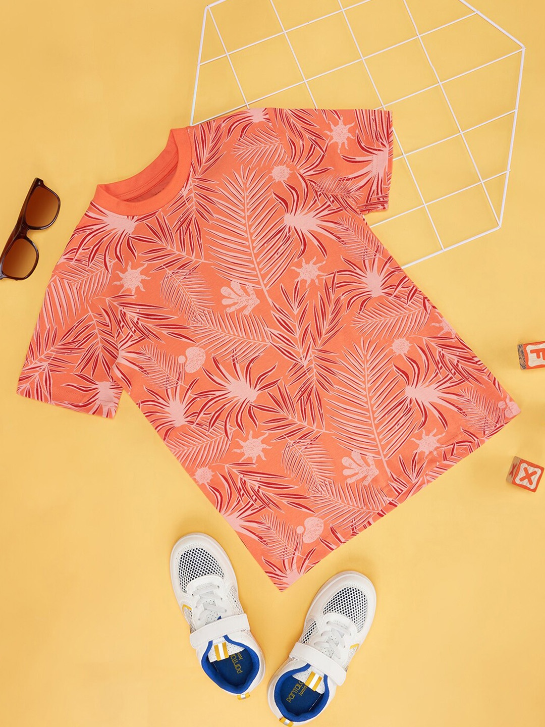 

Pantaloons Junior Boys Tropical Printed Pure Cotton T-shirt, Peach