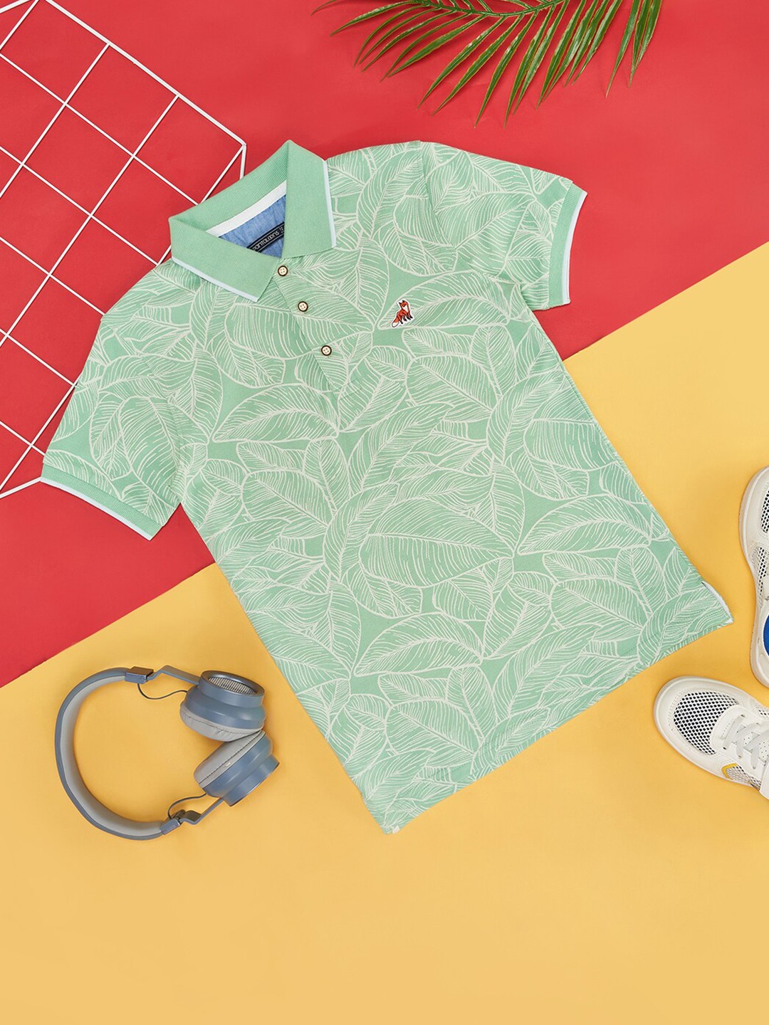 

Pantaloons Junior Boys Tropical Printed Polo Collar Pure Cotton T-shirt, Green