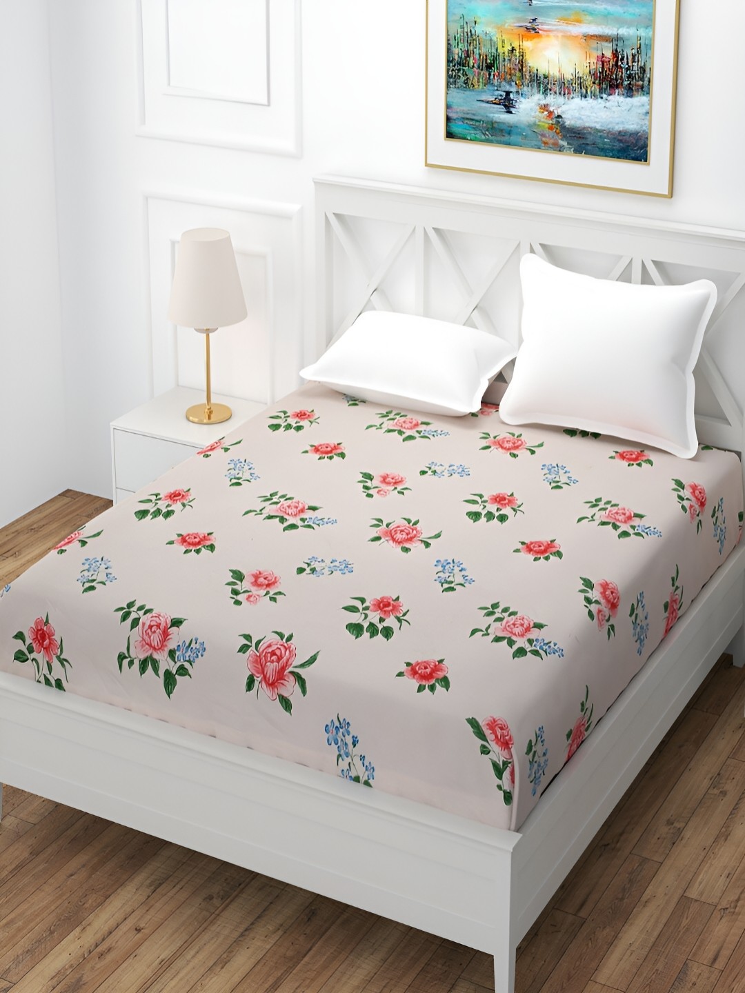 

MallowWorld Orange & Pink Floral 160 TC Fitted Queen Bedsheet With 2 Pillow Covers