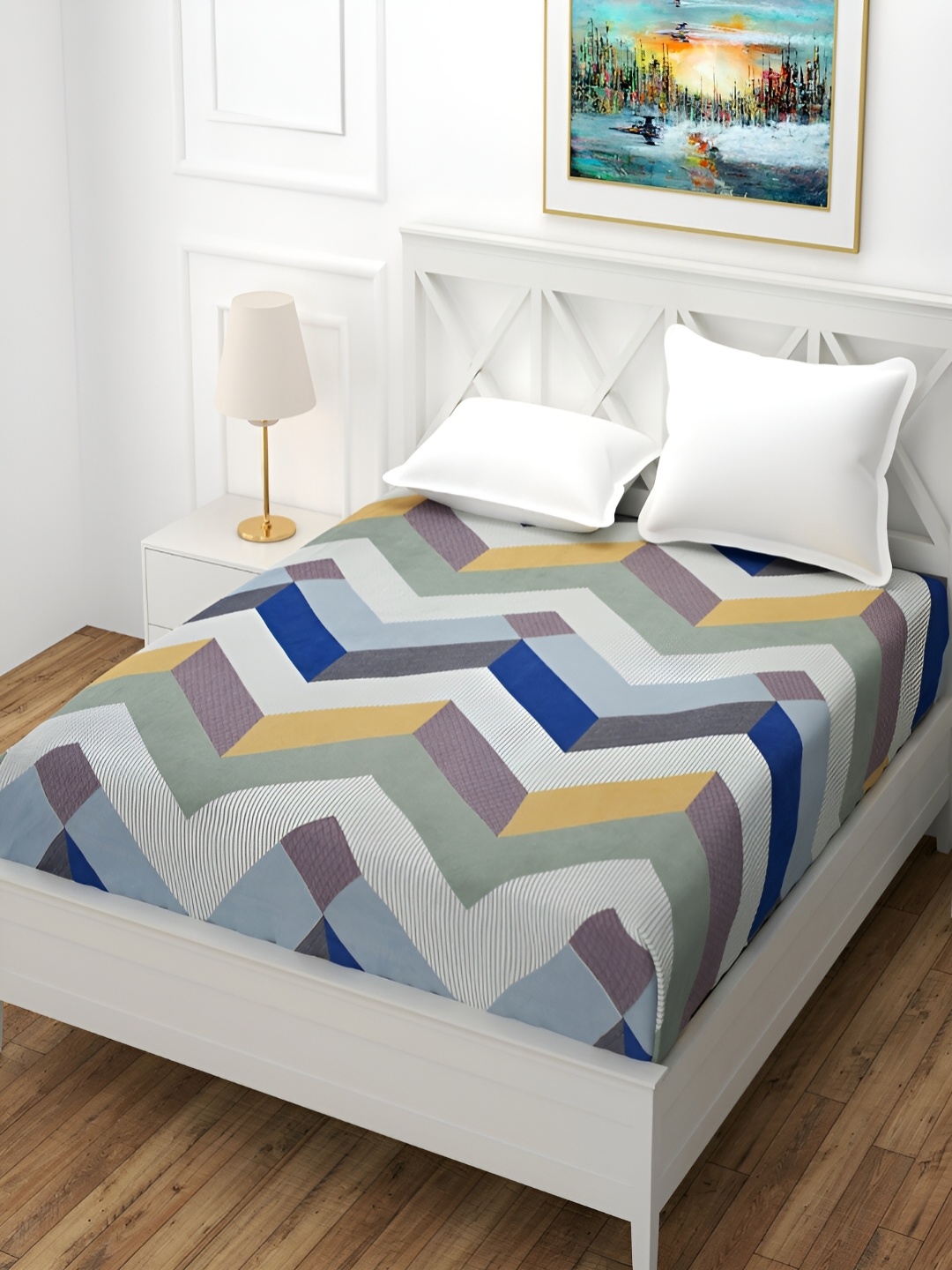 

MallowWorld Beige & Grey Geometric 160 TC Fitted Queen Bedsheet With 2 Pillow Covers