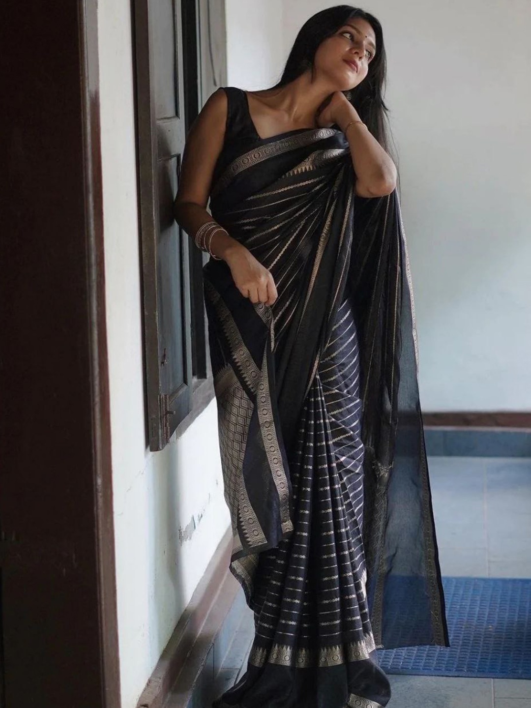 

Naishu Trendz Striped Woven Design Zari Pure Silk Kanjeevaram Saree, Black