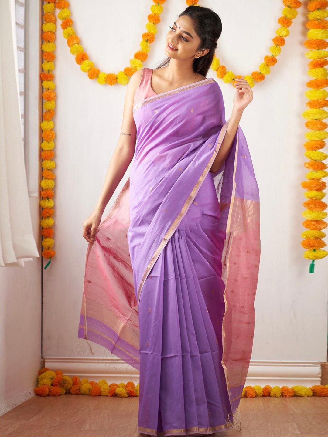 

Naishu Trendz Ethnic Motifs Woven Design Zari Pure Silk Kanjeevaram Saree, Lavender
