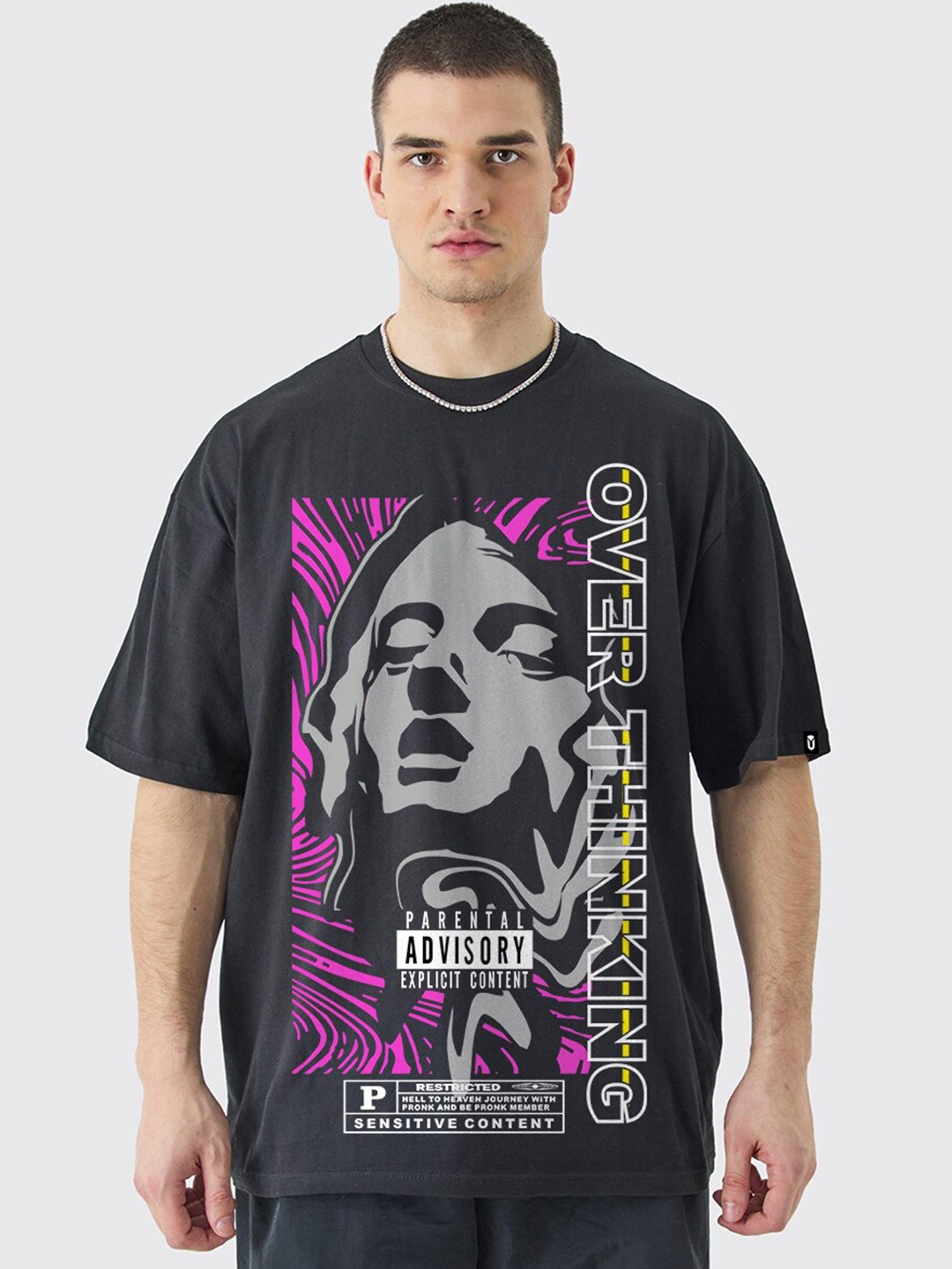 

PRONK Graphic Printed Drop Shoulder Cotton Oversized T-Shirt, Black