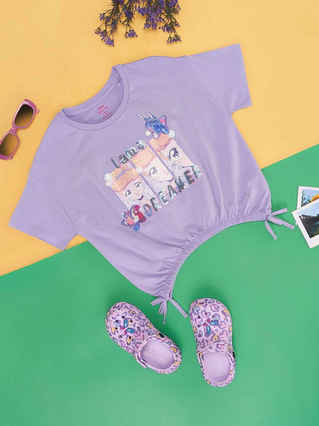 

Pantaloons Junior Girls Graphic Printed Pure Cotton T-shirt, Lavender