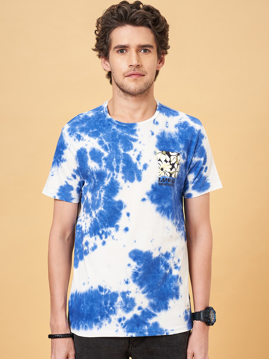 

People White & Blue Tie & Dye Pure Cotton Slim Fit T-shirt