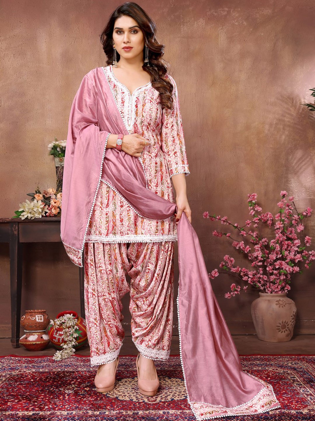 

Titanium Silk Industries Striped Straight Kurta with Dhoti Pants & Dupatta, Pink