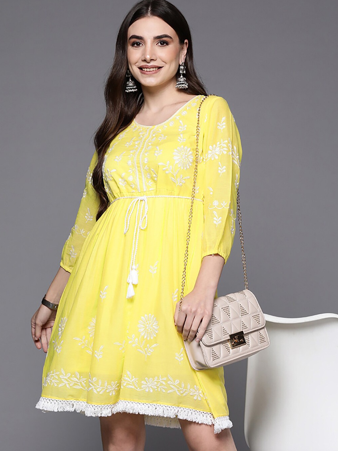 

Anouk Yellow Ethnic Motifs Embroidered Gathered Detailed Cotton A-Line Dress