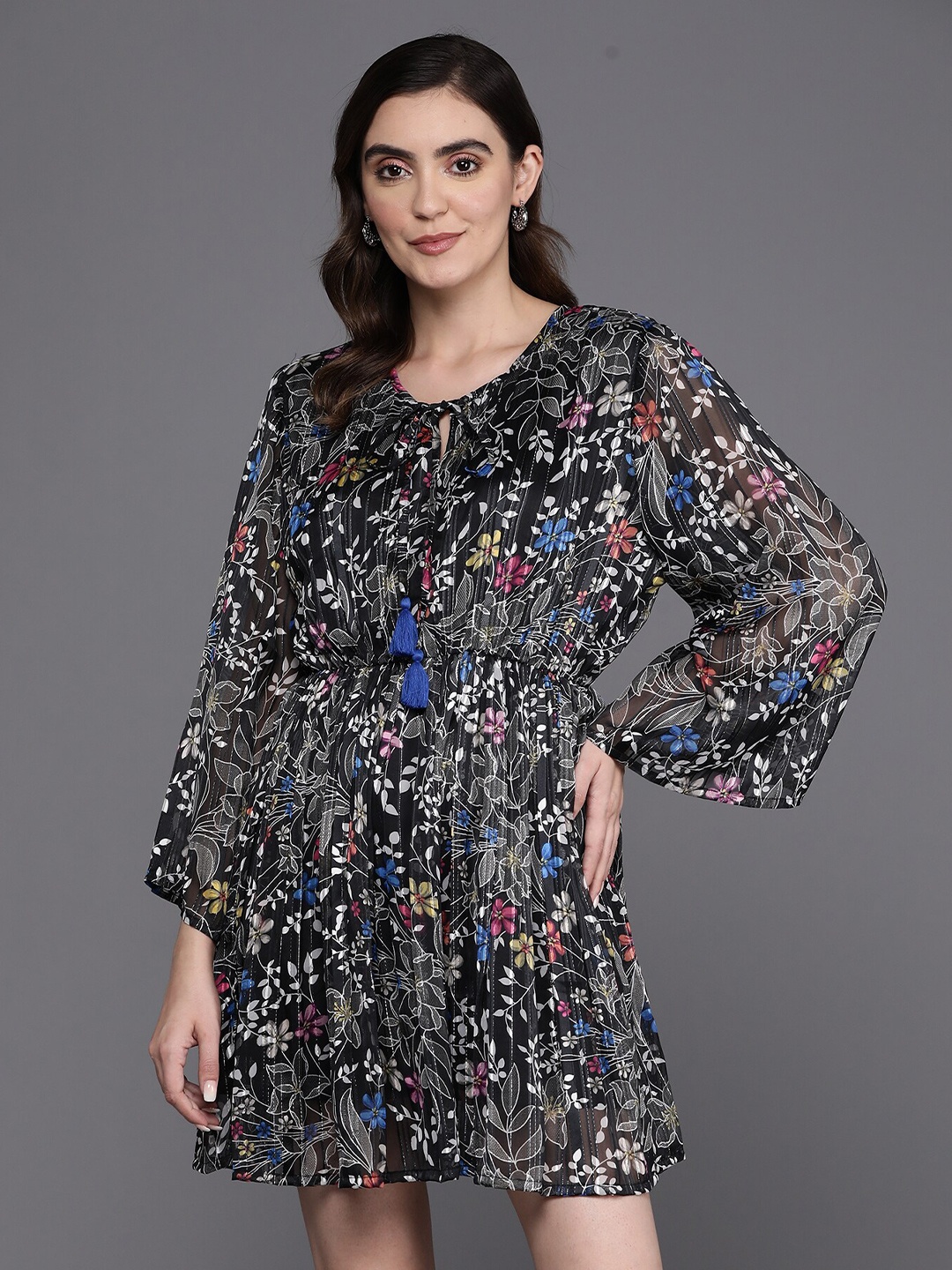 

Anouk Floral Printed Flared Sleeve Georgette A-Line Dress, Black