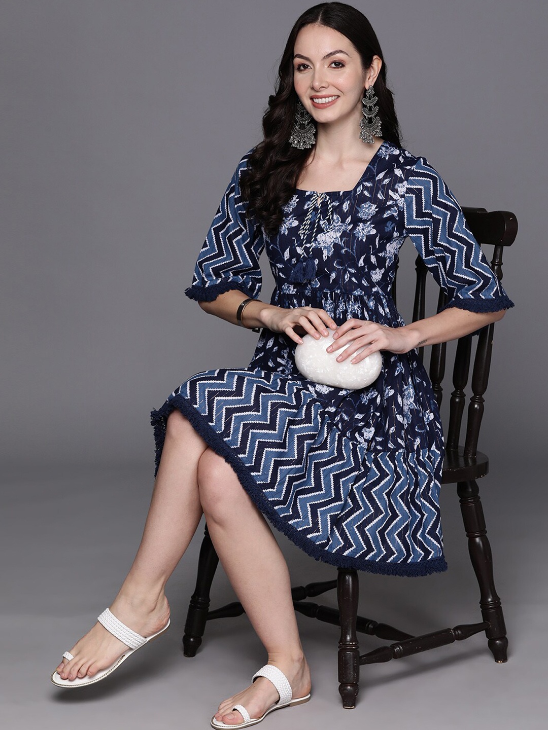 

Anouk Floral Printed Gathered Square Neck Flared Sleeves Cotton A-Line Dress, Navy blue