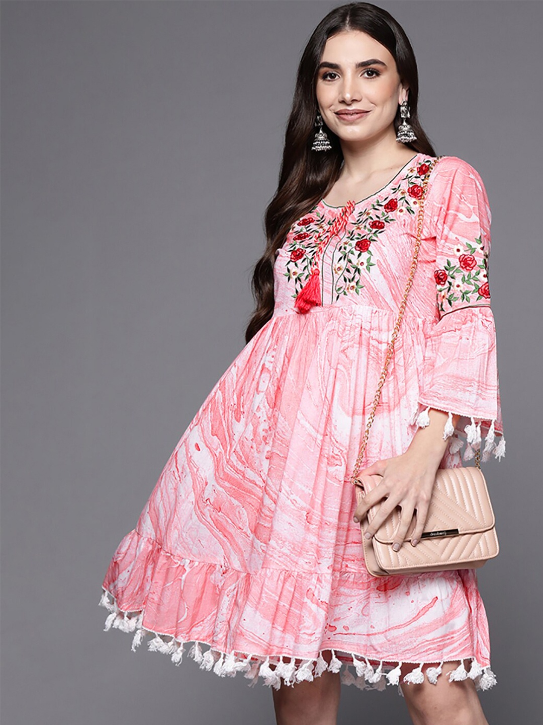 

Anouk Self Design Embroidered V-Neck Bell Sleeve Cotton Fit & Flare Dress, Peach