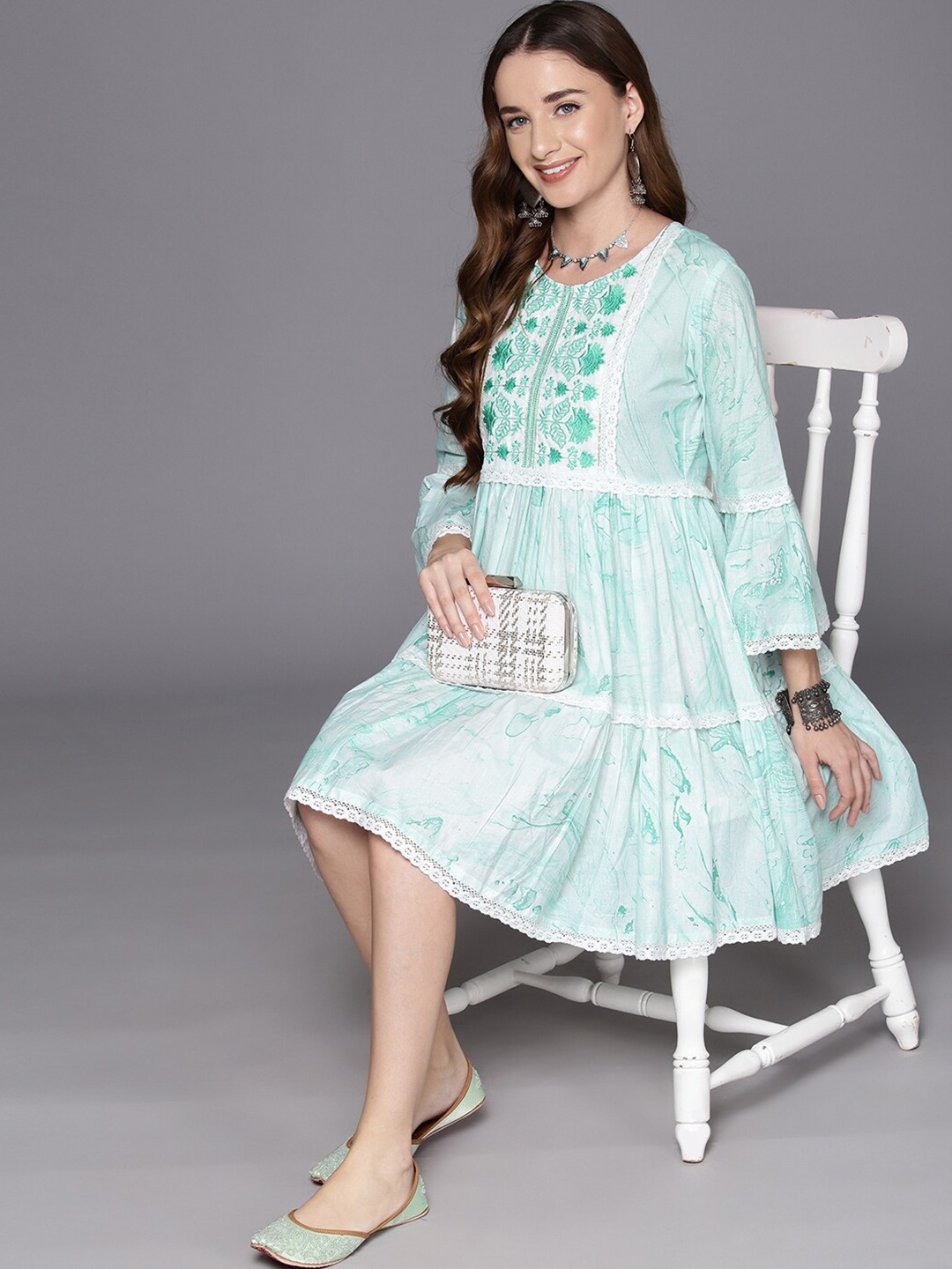 

Anouk Self Design Embroidered Round Neck Bell Sleeve Cotton Fit & Flare Dress, Sea green