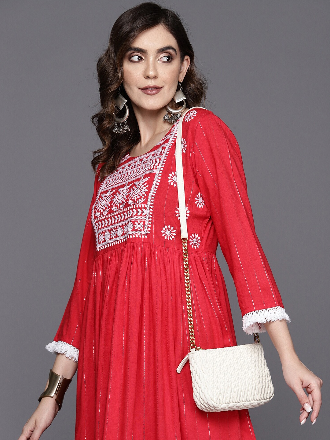 

Anouk Floral Embroidered Round Neck Cotton A-Line Midi Dress, Red
