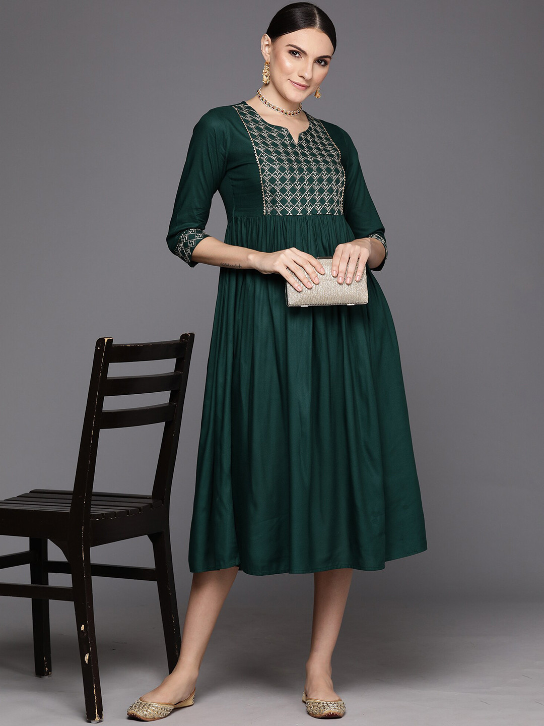 

Anouk Floral Embroidered Round Neck Maxi A-Line Dress, Green